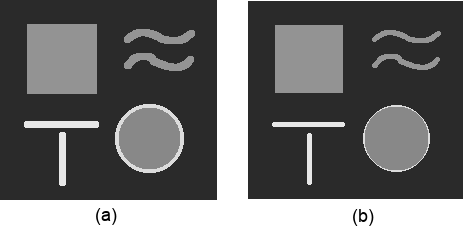 Efeito alcançado pela aplicação do operador morfológico de *Erosão* em uma imagem. Imagem sintética original (a); e Imagem erodida (b).