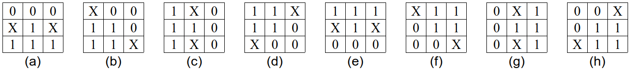 (a) até (h) - Máscaras usadas nas transformadas *hit-or-miss* do *Afinamento Morfológico* implementado.