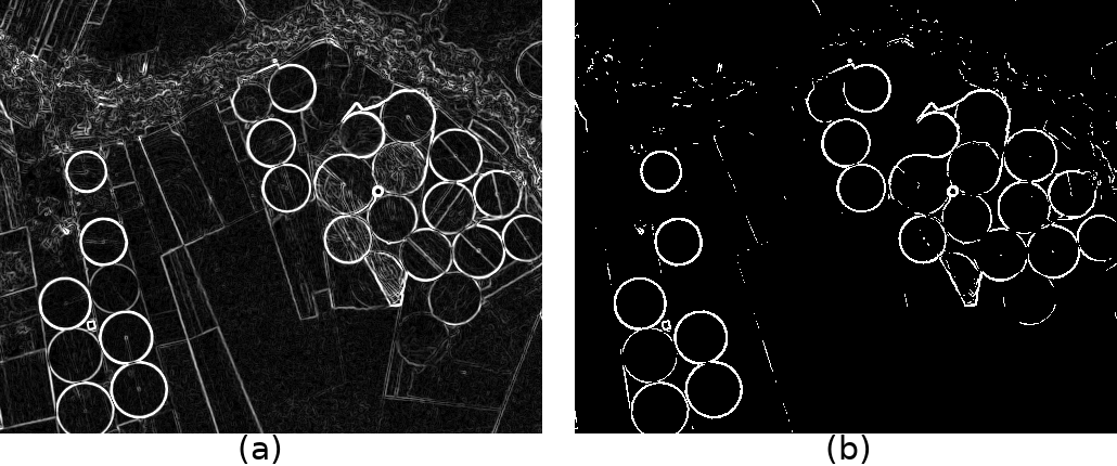 Imagem orbital filtrada pelo Operador de sobel (a) e aplicação da Limiarização pelo Método de Otsu (b).